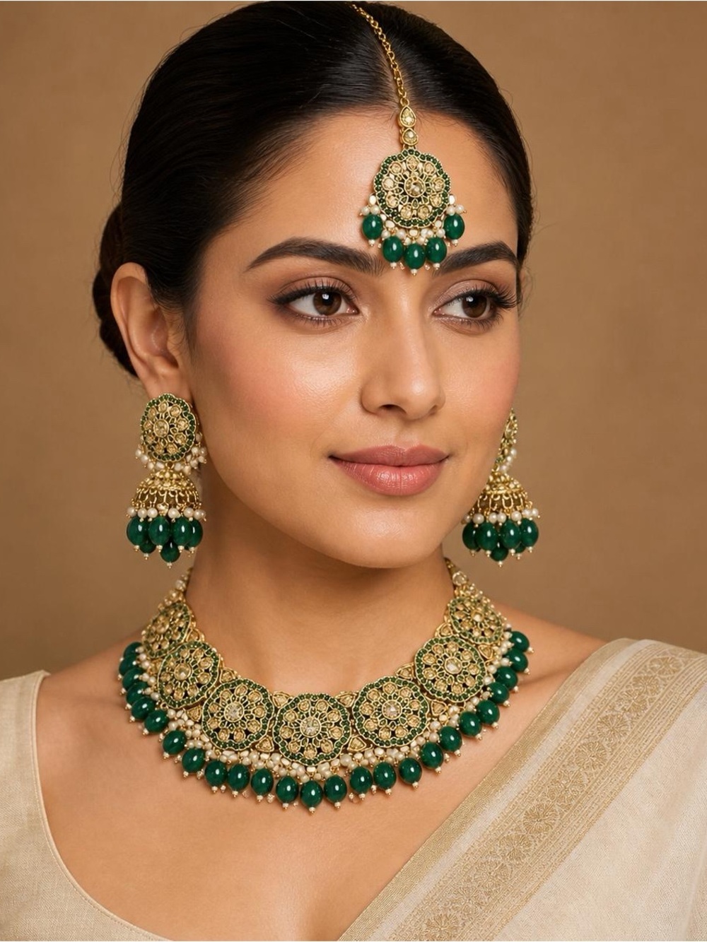 Green Gold-Tone Traditional Necklace Set - Women Jewelry